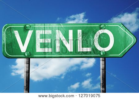 Venlo road sign, on a blue sky background