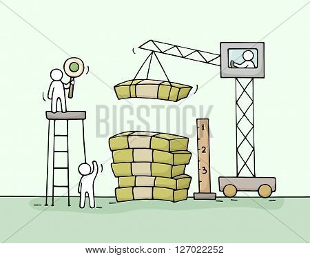 Sketch of stack of cash with working little people crane. Doodle cute miniature of construction pile of dollars and preparing for the big profit. Hand drawn cartoon vector illustration for business design.