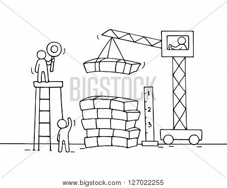 Sketch of stack of cash with working little people crane. Doodle cute miniature of construction pile of dollars and preparing for the big profit. Hand drawn cartoon vector illustration for business design.