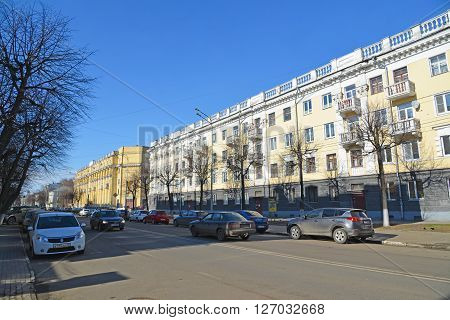 Russia, Yaroslavl-March 29.2016.  Residential building  of  a Soviet times on Sovetskaya street .