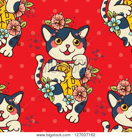 Happy Japanese cat Maneki-neko flowered. Traditional mascot in the style of old school tattoos. Amulet for good wishes print on t-shirt.Texture for wrapping paper textile surface design fashion.