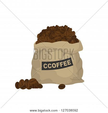 Bag with coffee. Large cloth bag full of coffee beans. Seeds of tropical plant coffee tree