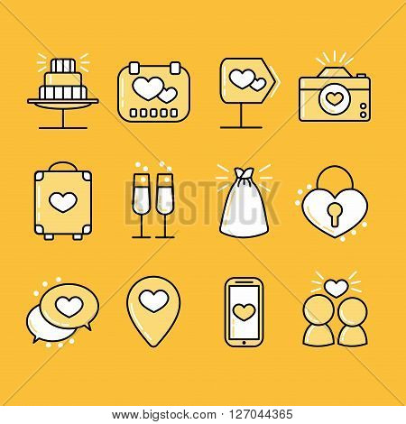 Modern wedding icons. Outline icon set for a wedding celebration. Vector.