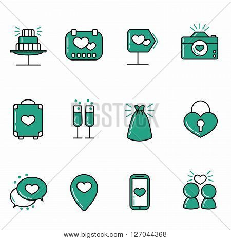 Modern wedding icons. Outline icon set for a wedding celebration. Vector.