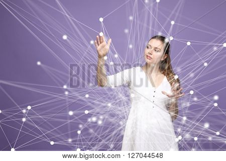 Global network concept, woman working with futuristic computer interface.