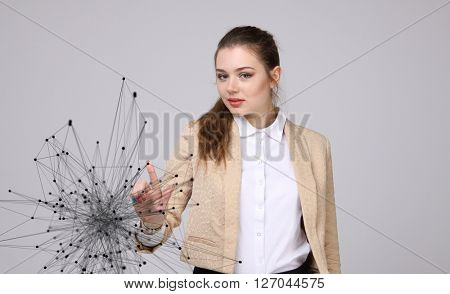 Global network connection concept, woman working with futuristic computer interface.
