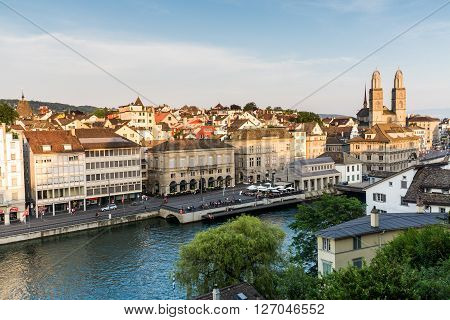 Famous Postcard View Of Various Houses And Churches In The Old Town Part Of Zurich