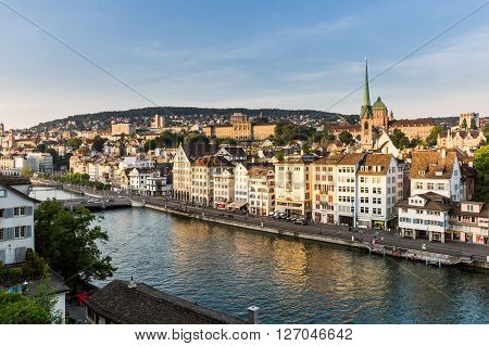 Famous Postcard View Of Various Houses And Churches In The Old Town Part Of Zurich