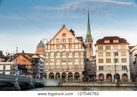 Famous Postcard View Of Various Houses And Churches In The Old Town Part Of Zurich