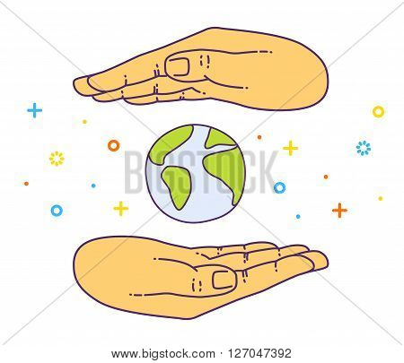 Vector flat style on background. Illustration of bank technology and services for presentation. Dollar gold coin in hand. Investment and exchange. Keeping the money in bank deposit account. Save cach.
