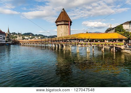 Lucerne, Switzerland - August 2: Views Of The Famous Bridge Kapellbruecke On Late Afternoon In Lucer