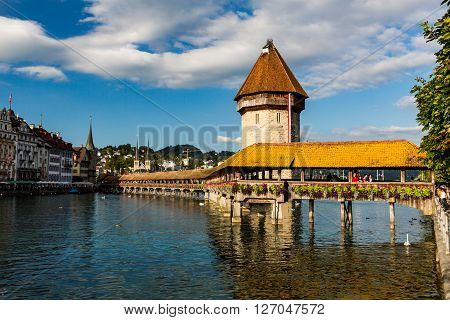 Lucerne, Switzerland - August 2: Views Of The Famous Bridge Kapellbruecke On Late Afternoon In Lucer