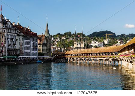 Lucerne, Switzerland - August 2: Views Of The Famous Bridge Kapellbruecke On Late Afternoon In Lucer