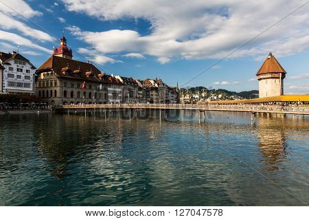 Lucerne, Switzerland - August 2: Views Of The Famous Bridge Kapellbruecke On Late Afternoon In Lucer