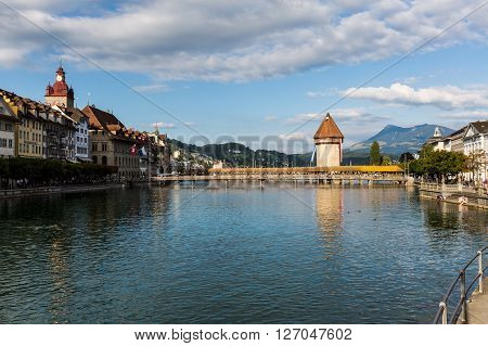 Lucerne, Switzerland - August 2: Views Of The Famous Bridge Kapellbruecke On Late Afternoon In Lucer