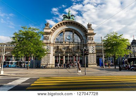 Lucerne, Switzerland - August 2: Views Of The Famous Old Railway Station Gate In Lucerne On August 2