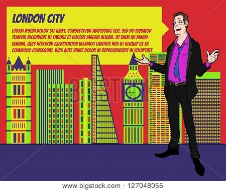 Presentation on background of city. Businees man in the suit. Character with bubble talk. Conference in London