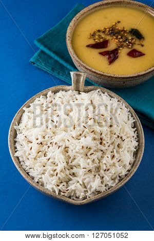 Whole Yellow Lentil with Rice, dal tadka and jeera rice, Indian Dish, cooked rice and cooked Arhar or Toor dal (Pigeon Pea)