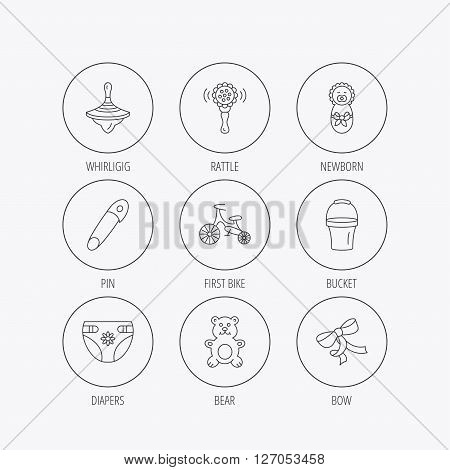 Newborn, diapers and bear toy icons. First bike, bow and pin linear signs. Rattle, whirligig and bucket flat line icons. Linear colored in circle edge icons.