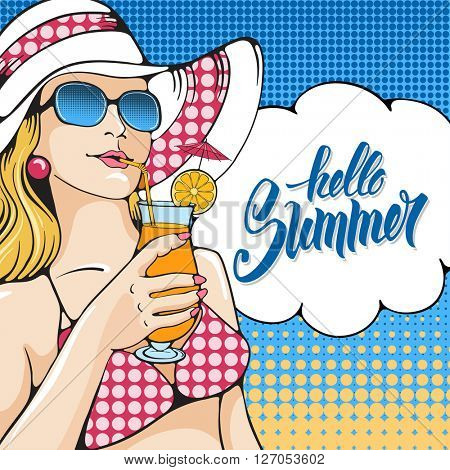 Young women holding tropical cocktail on the beach. Pop Art girl. Vector illustration in retro style pop art.