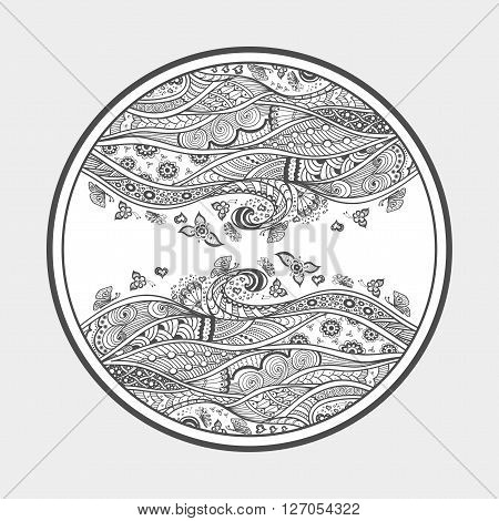 Zen doodle or Zen tangle texture or pattern  black on white in circle with butterfly flowers hearts waves swirl for  coloring page or coloring book or wallpaper or for decorate package clothes