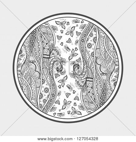 Zen doodle or Zen tangle texture or pattern  black on white in circle with butterfly flowers hearts waves swirl for  coloring page or coloring book or wallpaper or for decorate package clothes