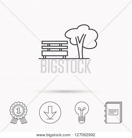 Public park icon. Tree with bench sign. Download arrow, lamp, learn book and award medal icons.