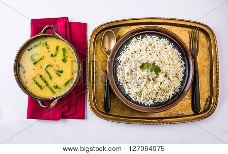 Whole Yellow Lentil with Rice, dal tadka and jeera rice, Indian Dish, cooked rice and cooked Arhar or Toor dal (Pigeon Pea)