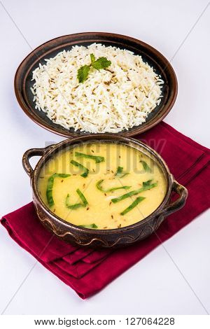 Whole Yellow Lentil with Rice, dal tadka and jeera rice, Indian Dish, cooked rice and cooked Arhar or Toor dal (Pigeon Pea)
