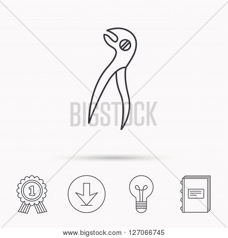 Dental pliers icon. Stomatological forceps tool sign. Download arrow, lamp, learn book and award medal icons.