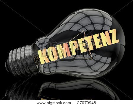 Kompetenz - german word for competence - lightbulb on black background with text in it. 3d render illustration.