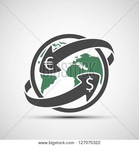 Simple icon earth planet with arrows. Money transfers. Stock vector illustration.