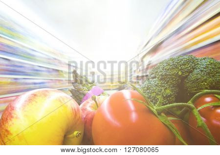 Fresh fruits and vegetables in a supermarket.
