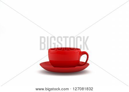 3d render of blank red coffee cup with saucer on white background