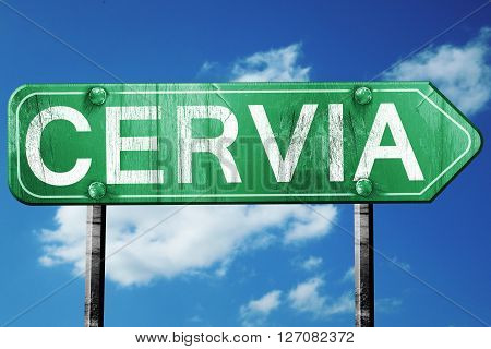 Cervia road sign, on a blue sky background