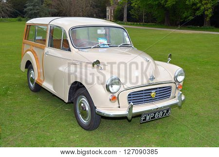 Saffron Walden, Essex, England - April 24, 2016:  Classic Cream Morris  Traveller motor car in vintage car rally.