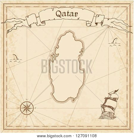 Qatar Old Treasure Map. Sepia Engraved Template Of Pirate Map. Stylized Pirate Map On Vintage Paper.