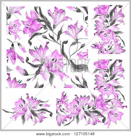 Set with seamless pattern, frieze, corner and other elements. Watercolor flowers. Spring and summer motifs. Can be used for any your design.