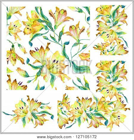 Set with seamless pattern, frieze, corner and other elements. Yellow watercolor lilies. Watercolor flowers. Spring and summer motifs. Can be used for any your design.