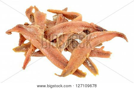 Salty anchovy fish fillets isolated on a white background
