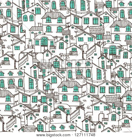 Pattern with hand drawn doodle houses. Samless background in black and white. Illustration is in eps8 vector mode.