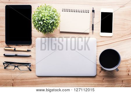 Wooden Desk With Office Tools