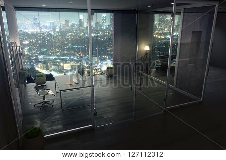 Office interior with illuminated night city view behind closed glass doors. 3D Rendering