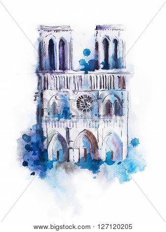 Watercolor drawing of Notre-dame. aquarelle Paris view painting.