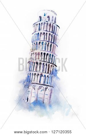 watercolor drawing leaning tower of Pisa. aquarelle world wonder painting.