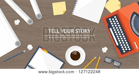 Vector illustration.  Flat typewriter. Tell your story. Author. Blogging.Wooden txture, wood.
