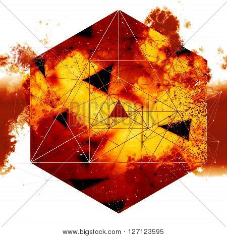 sacred geometry hell filre explosion, geometry design mixed with burning clouds and smoke