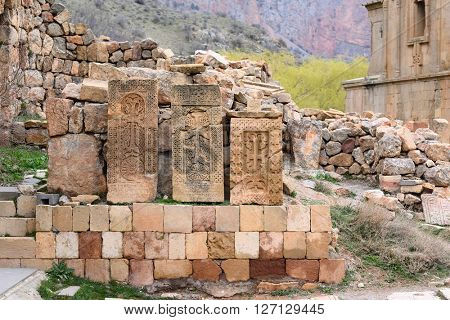 Ancient monastery Noravank in the mountains in Amaghu valley, Armenia. Was founded in 1205. 