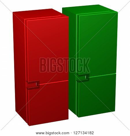 Two refrigerators: red and green isolated on white background. 3D rendering.