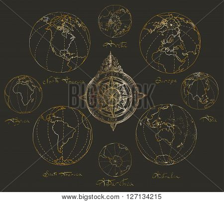 Vector illustration. Map atlas continents. Gold on a black background.